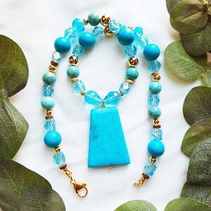 Chunky Turquoise Stone Pendant Necklace - 24k Gold Plated & Czech Glass Beaded
